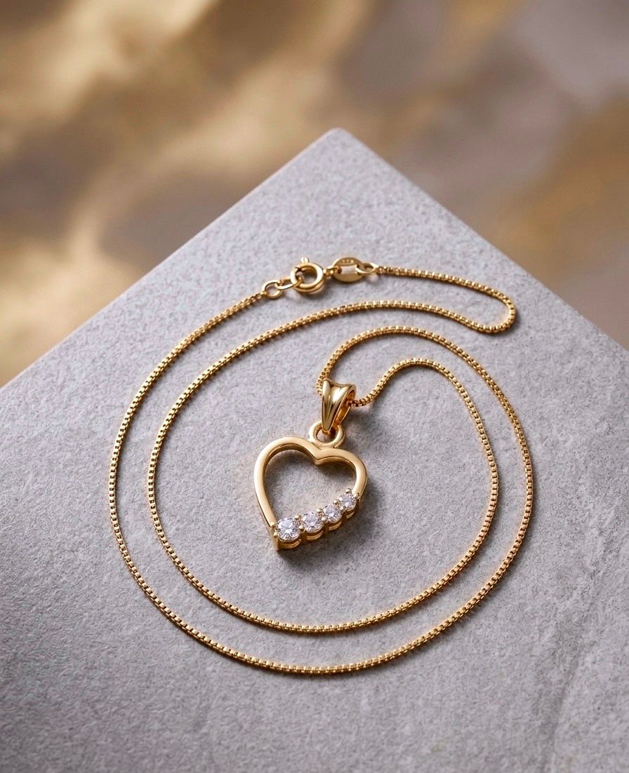 14kt Gold 4 CZ Heart Pendant 18" Box Chain