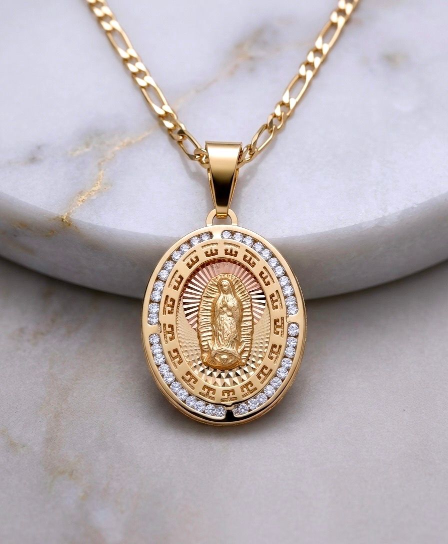 14kt Gold Tri-Color Virgin Mary 20" Figaro Chain