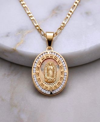 14kt Gold Tri-Color Virgin Mary 20" Figaro Chain