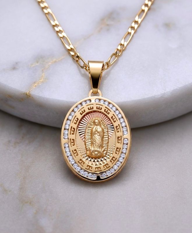 14kt Gold Tri-Color Virgin Mary 20" Figaro Chain