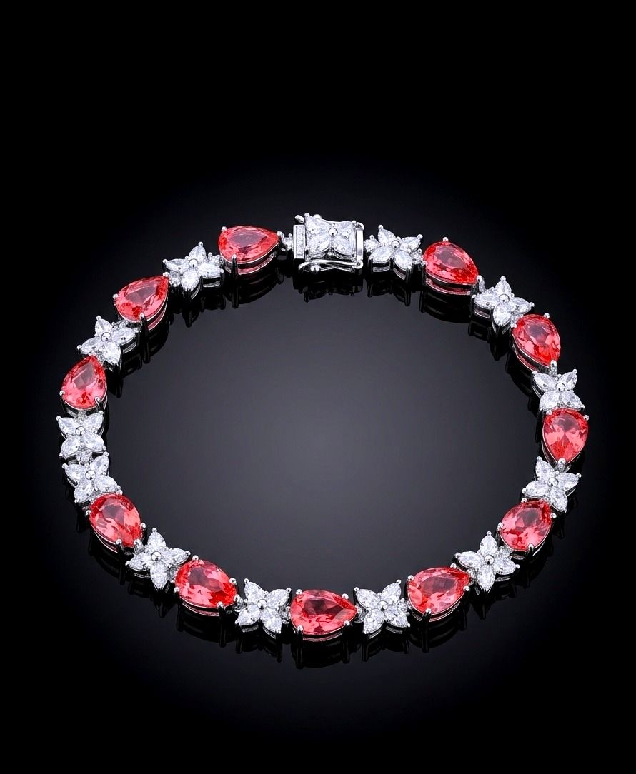 Silver Orange Pink Teardrop Tennis Bracelet