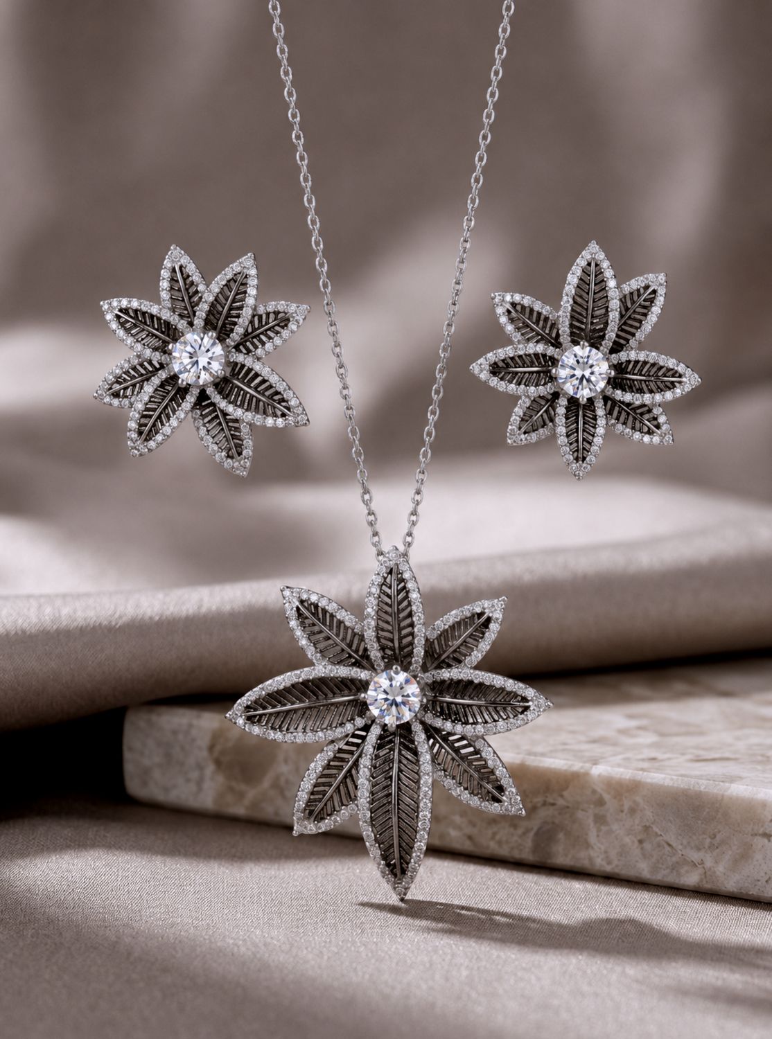 Black Rhodium Plated Spiny Pointed Flower Clear CZ  Earrings &amp; Necklace Set