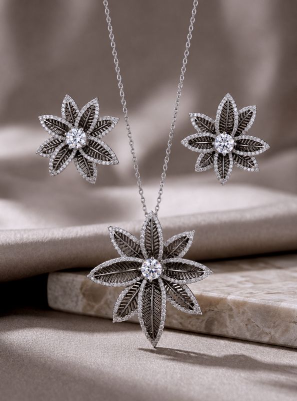Black Rhodium Plated Spiny Pointed Flower Clear CZ  Earrings &amp; Necklace Set