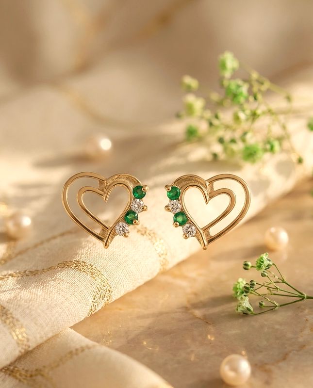 14kt Gold Heart Shape 4 Stone Earrings (Emerald) Earrings