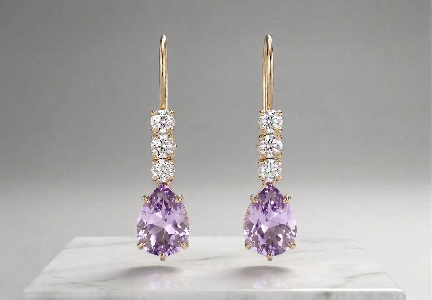 14kt Gold 3 Stone Pear Shape Earrings (Amethyst) Lite