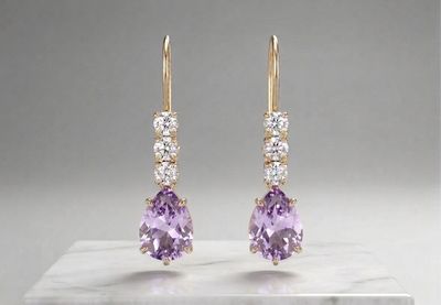 14kt Gold 3 Stone Pear Shape Earrings (Amethyst) Lite