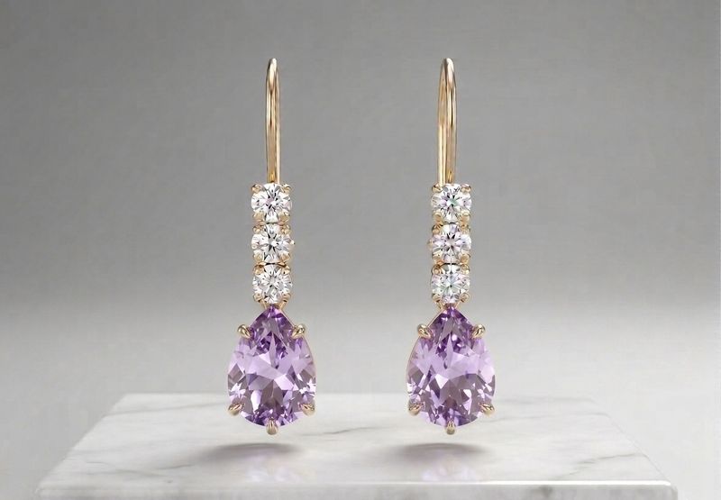 14kt Gold 3 Stone Pear Shape Earrings (Amethyst) Lite