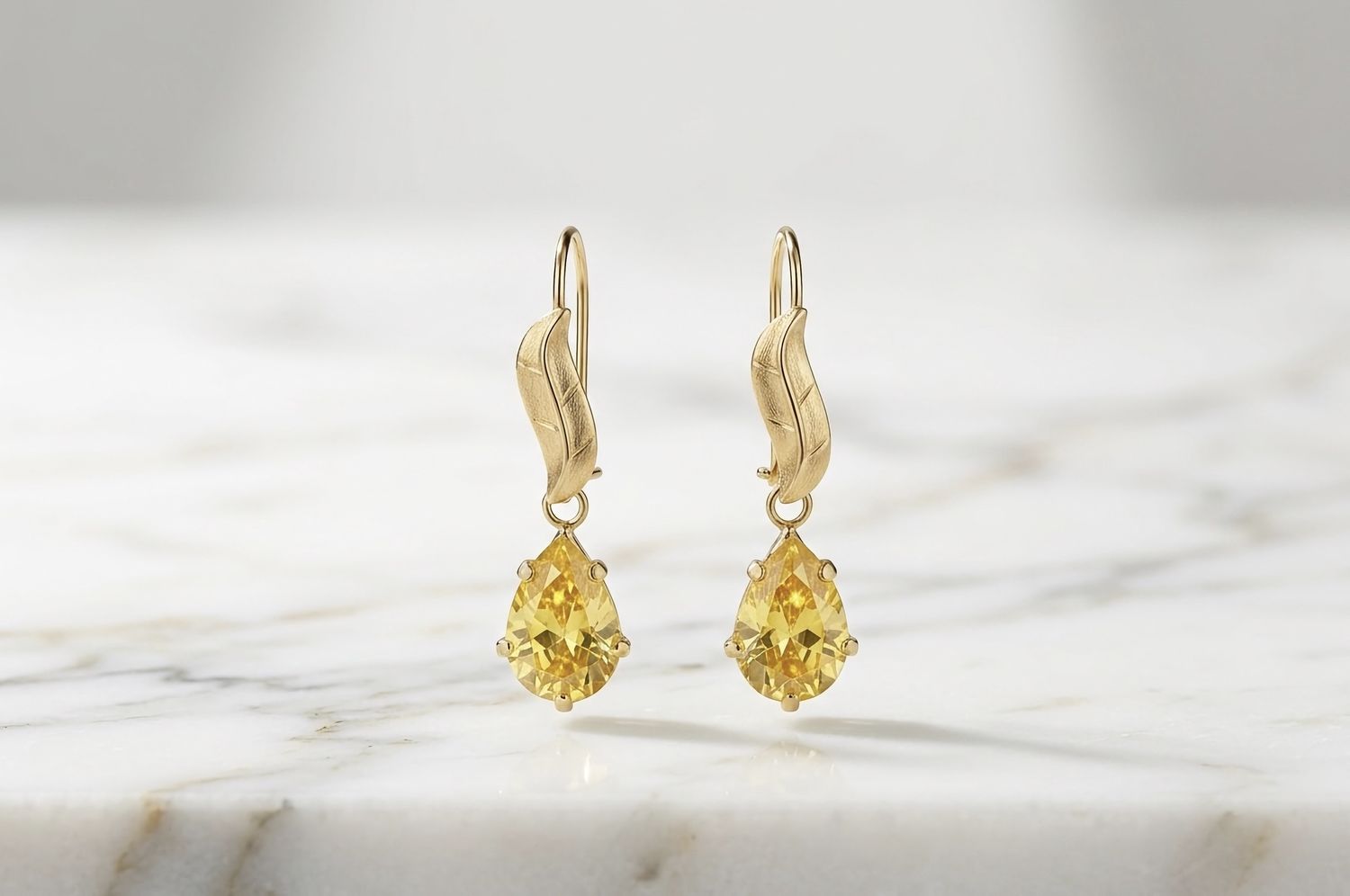 14kt Gold Leaf Teardrop Earrings Yellow Topaz