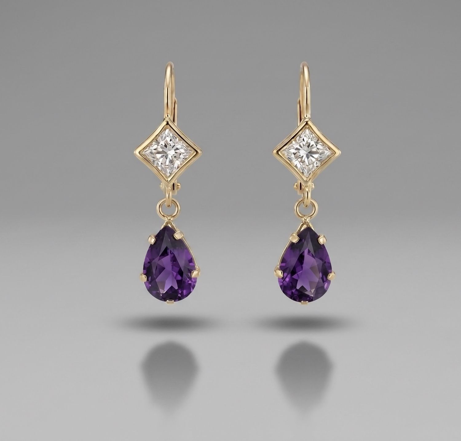 14kt Gold Star‑Cut Diamond with Pear Amethyst Dangle