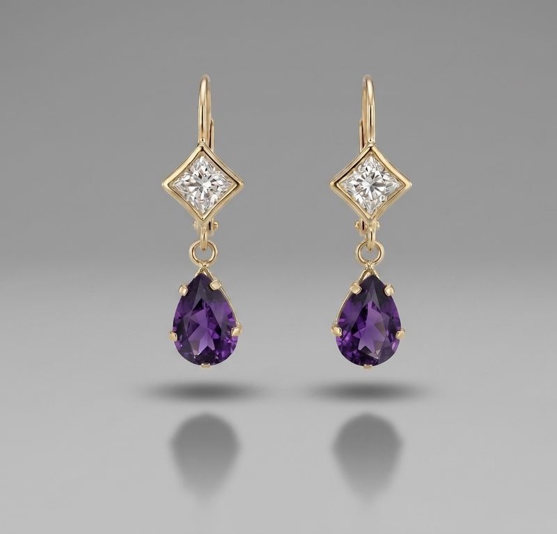14kt Gold Star‑Cut Diamond with Pear Amethyst Dangle