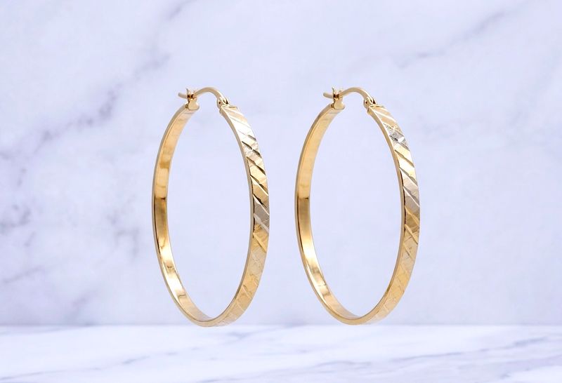 14kt 3-Tone Greek Key Hoop Earrings