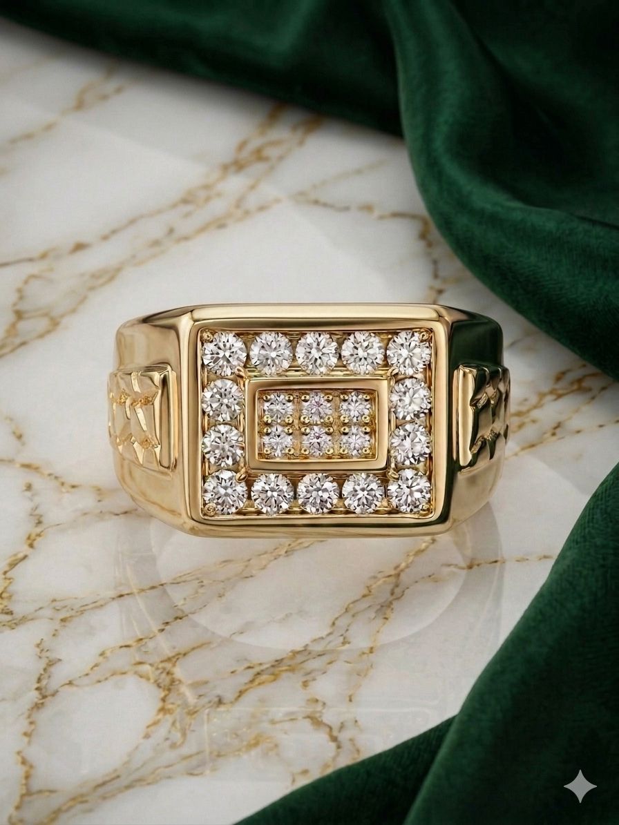 10kt Gold Men's  Semi-Hollow Square Diamond Ring