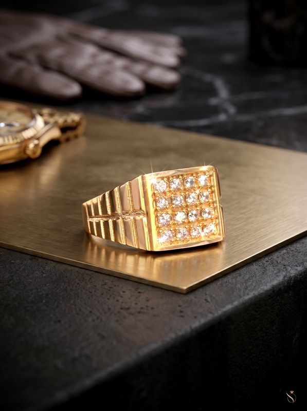 14kt Gold Men's Square Cluster CZ Ring