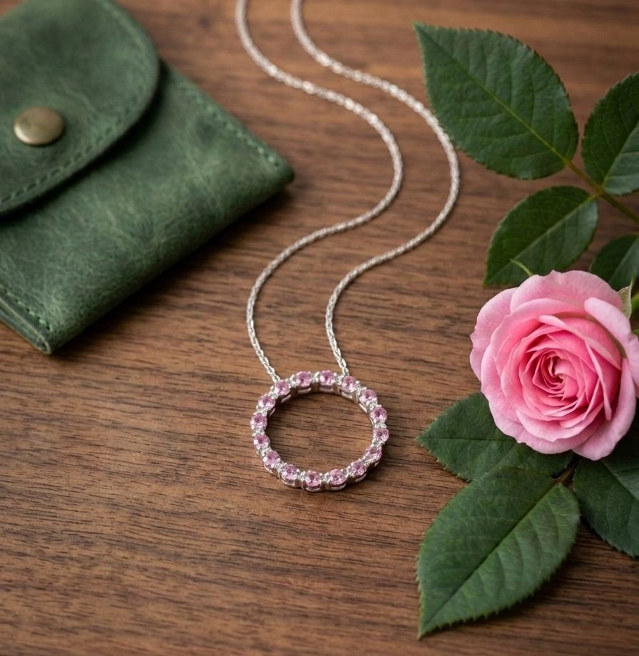 10kt Gold Circle Eternity Pendant 18" Rope Chain