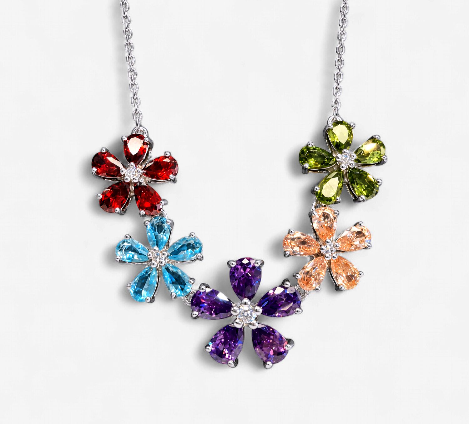 Silver Multi-Color CZ Flower Necklace