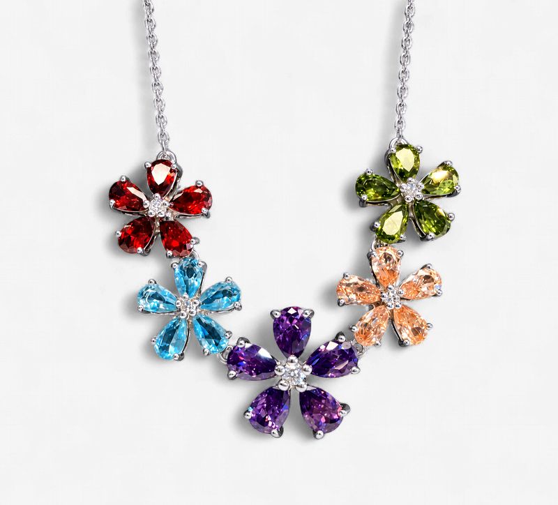 Silver Multi-Color CZ Flower Necklace
