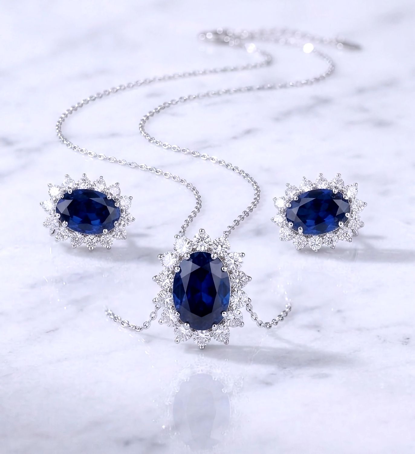 Silver 925 Oval Halo Earring &amp; Necklace Set Blue &amp; Clear CZ