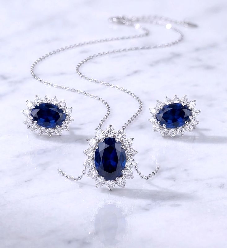 Silver 925 Oval Halo Earring &amp; Necklace Set Blue &amp; Clear CZ