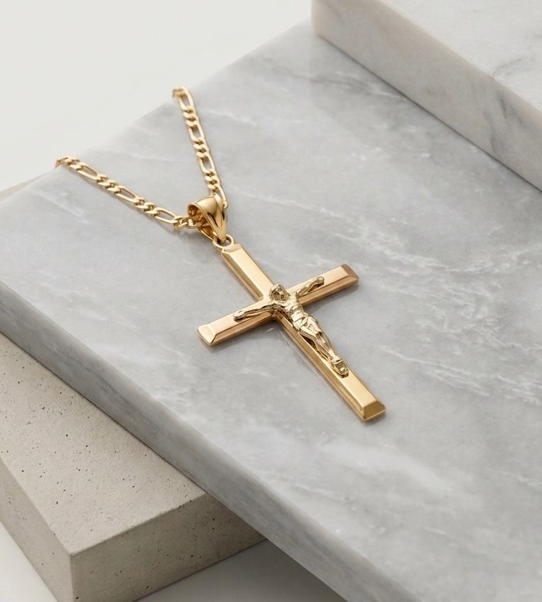 14kt Gold Crucifix Two-Tone Pendant 18" Figaro Chain