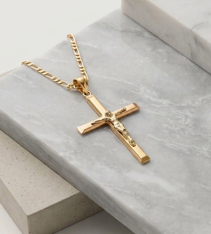 14kt Gold Crucifix Two-Tone Pendant 18" Figaro Chain