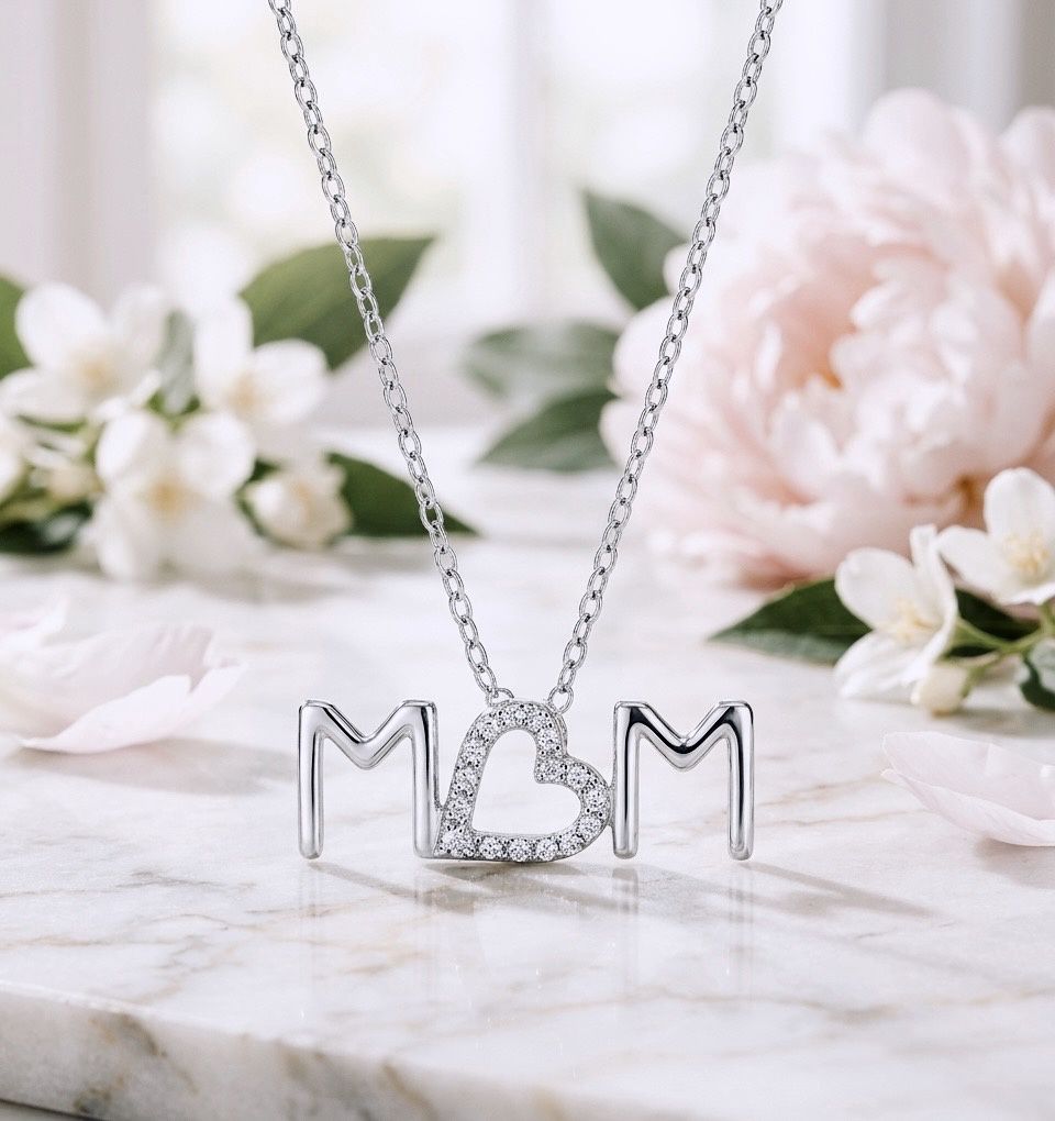 Sterling Silver Mom Heart Clear CZ Necklace