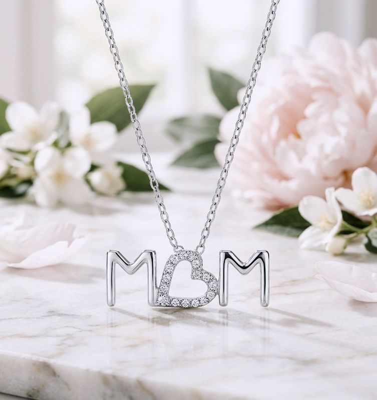 Sterling Silver Mom Heart Clear CZ Necklace