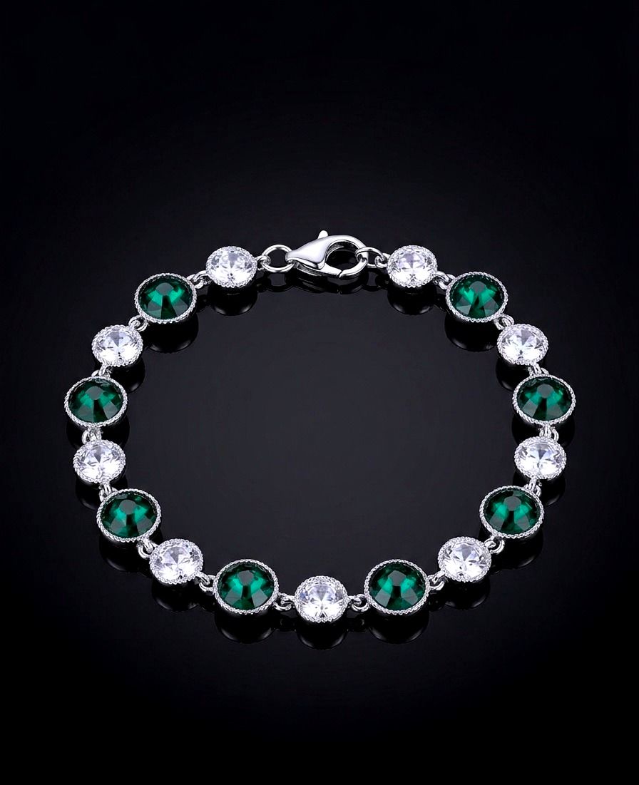 Silver 9mm Alternating  Round Green &amp; Clear CZ Tennis Bracelet