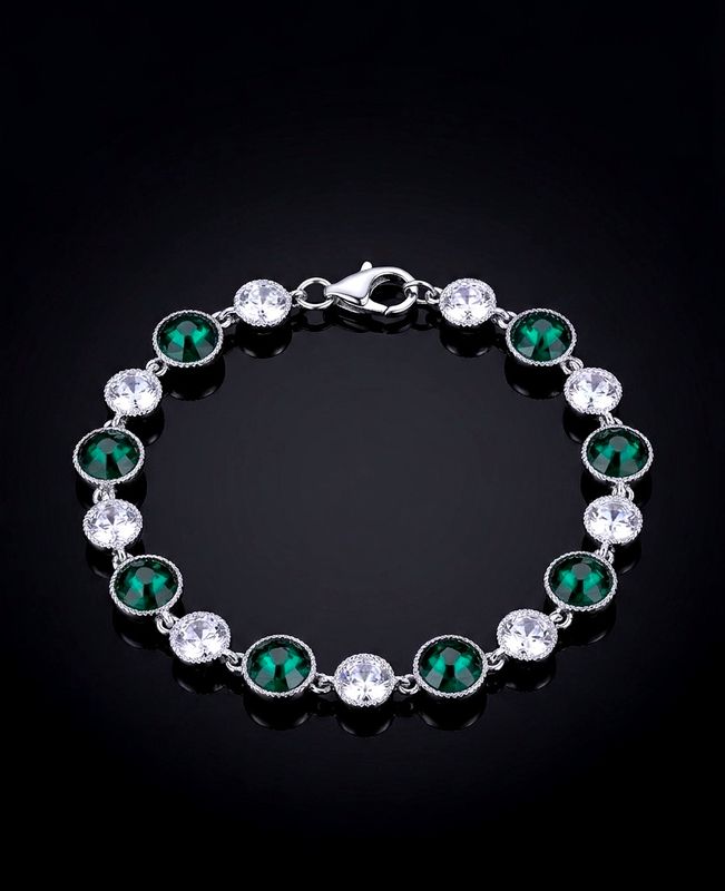 Silver 9mm Alternating  Round Green &amp; Clear CZ Tennis Bracelet