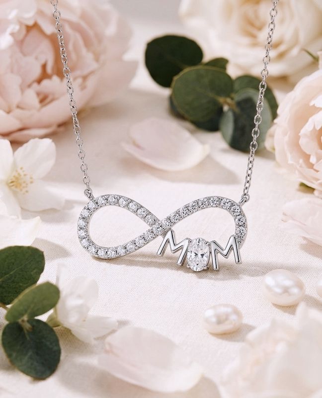 Sterling Silver Infinity Mom Charm Clear  Necklace with CZ