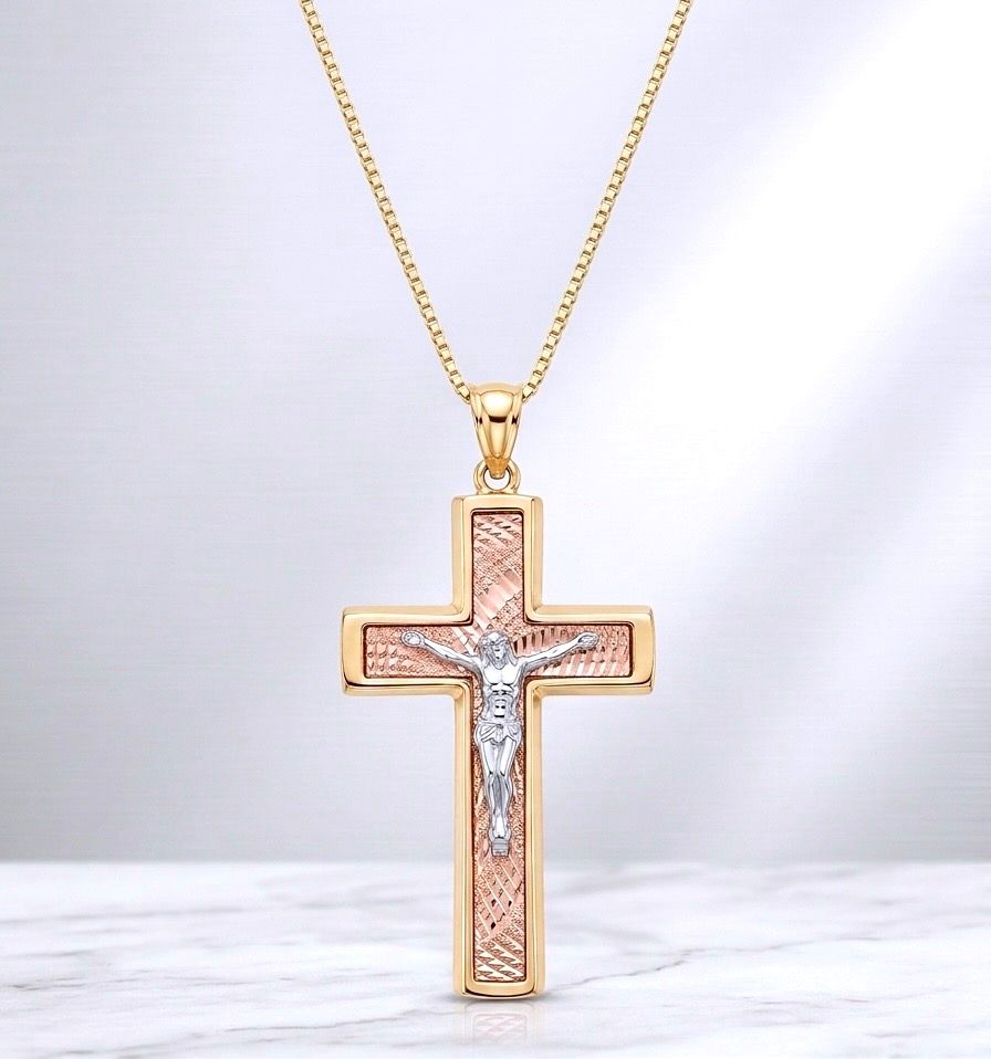 14k Gold Tri-Color Crucifix Pendant 18" Box Chain