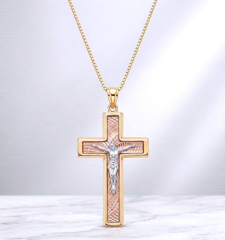 14k Gold Tri-Color Crucifix Pendant 18" Box Chain