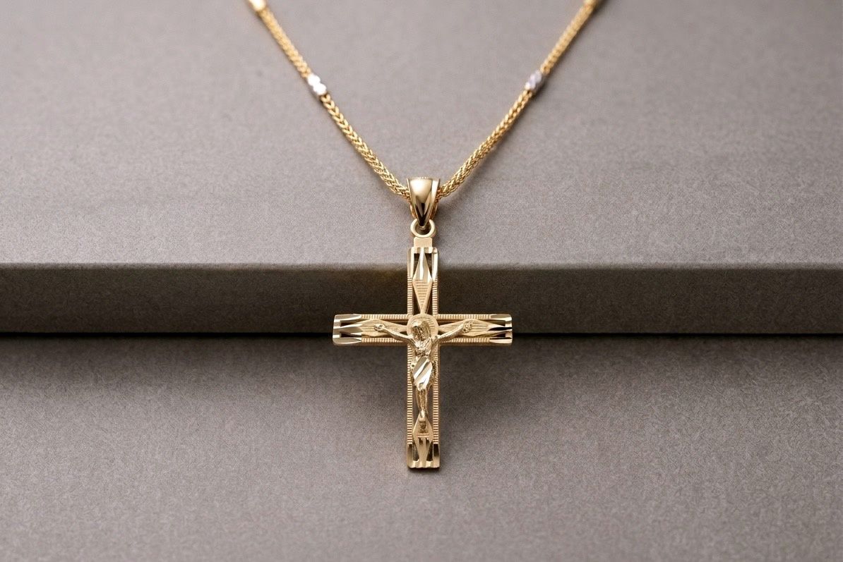 14kt Gold Crucifix Pendant 20" Wheat Chain