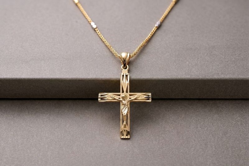 14kt Gold Crucifix Pendant 20" Wheat Chain