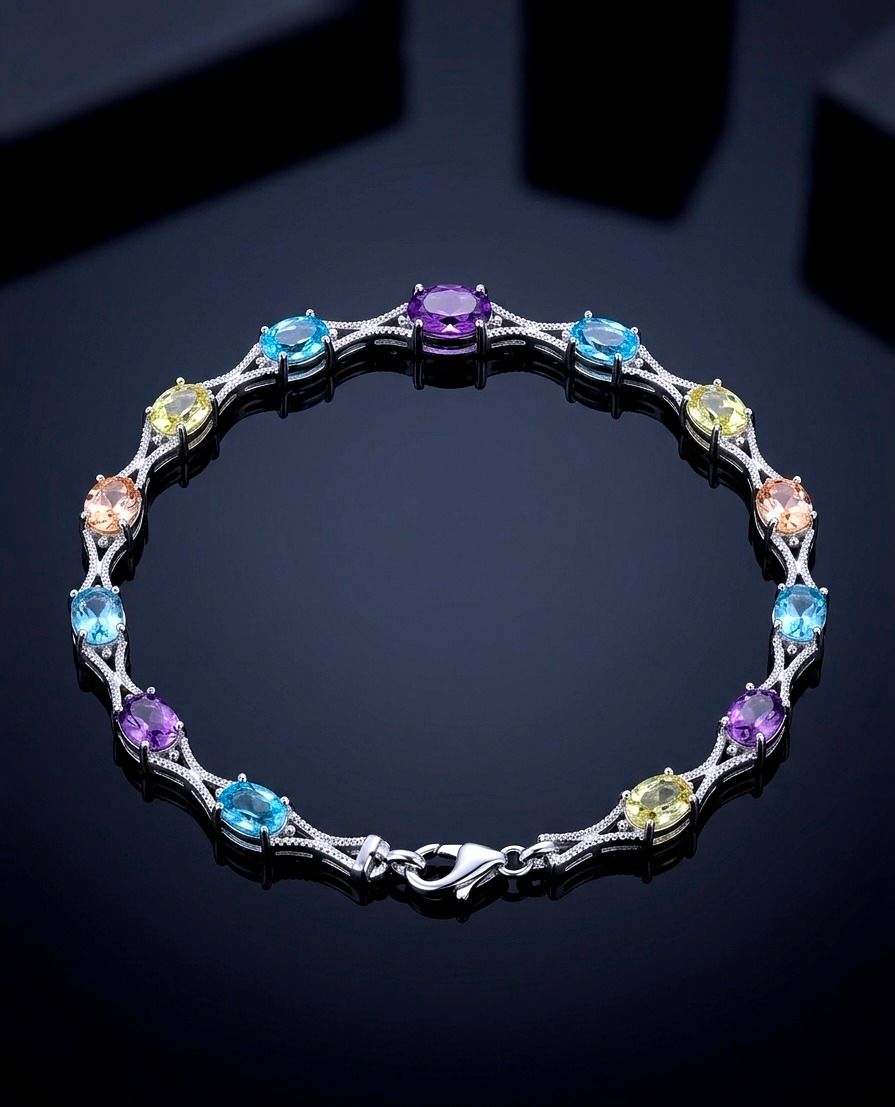 Silver Multi-Color Oval CZ Tennis Bracelet