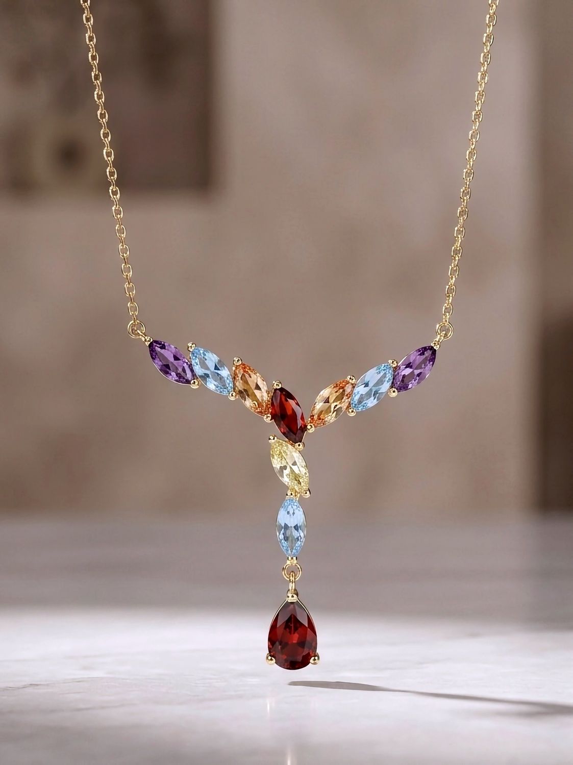 Silver V Shaped Multi-Color Marquise CZ  Necklace