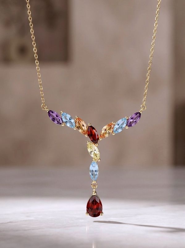 Silver V Shaped Multi-Color Marquise CZ  Necklace