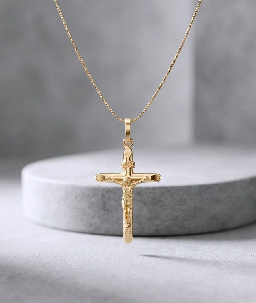 14kt Gold Crucifix Pendant 18" Box Chain