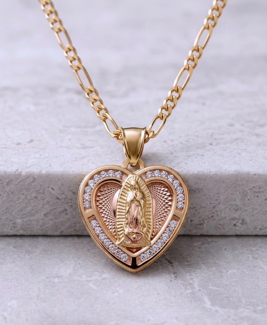 14kt Gold Virgin Mary Pendant 18" Figaro Chain
