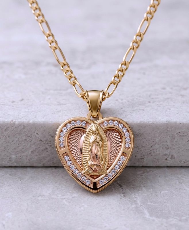14kt Gold Virgin Mary Pendant 18" Figaro Chain