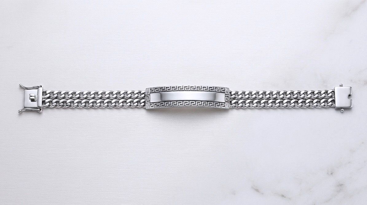 Sterling Silver Two Strand Curb 9.2mm Greek Key ID Bracelet