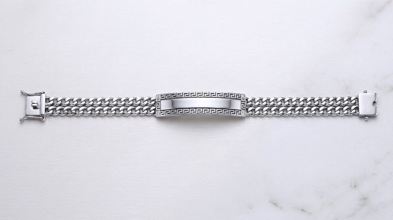 Sterling Silver Two Strand Curb 9.2mm Greek Key ID Bracelet
