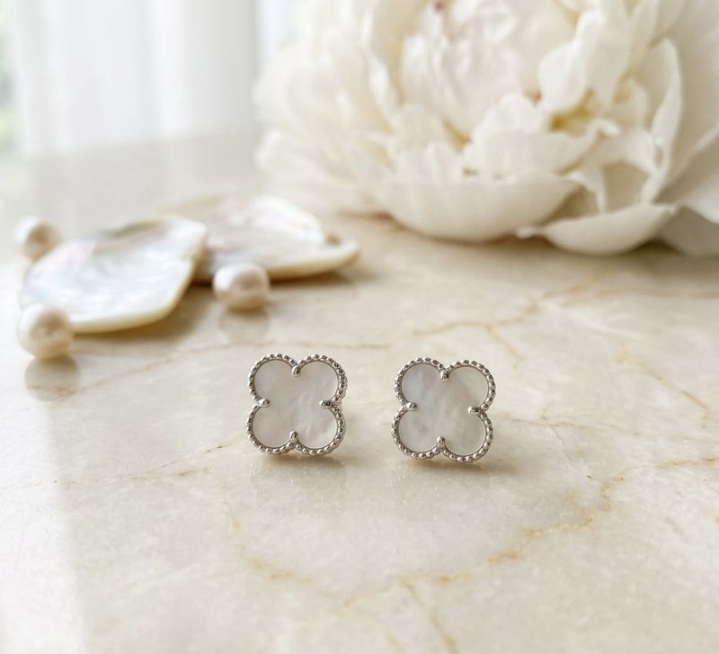 Sterling Silver White Enamel 4 Leaf Clover Earrings