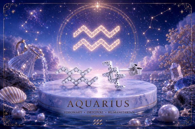 Sterling Silver Zodiac Aquarius CZ Stud Earrings