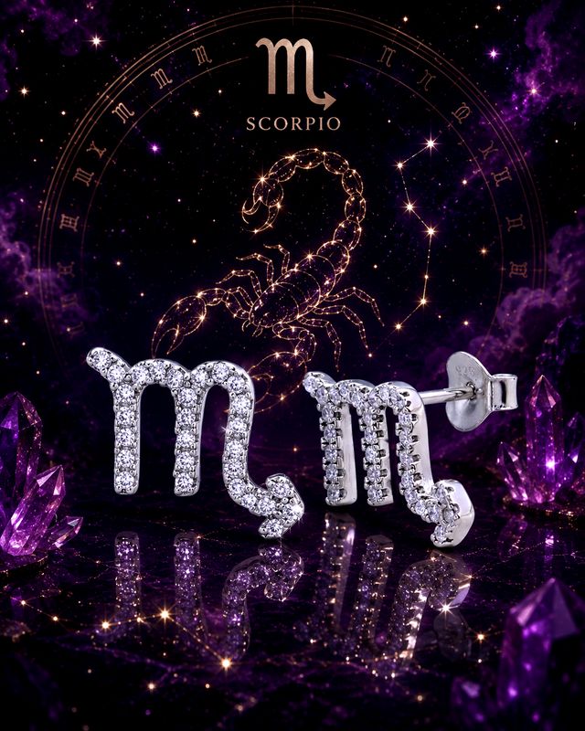 Sterling Silver Zodiac Scorpio CZ Stud Earrings