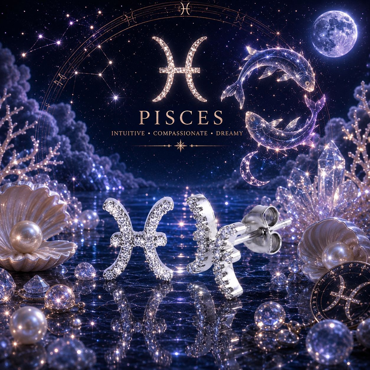 Sterling Silver Zodiac Pisces CZ Stud Earrings