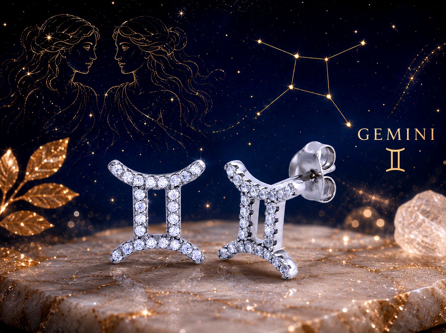 Sterling Silver Zodiac Gemini CZ Stud Earrings