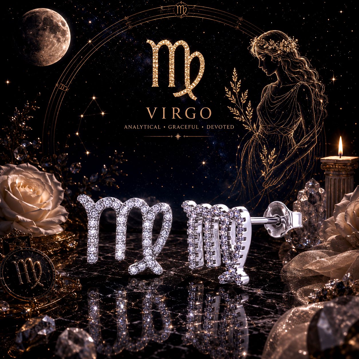 Sterling Silver Zodiac Virgo CZ Stud Earrings