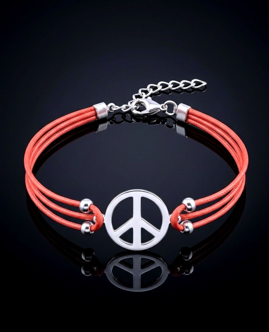 Sterling Silver Peace Red Multi Strand Leather Adjustable Bracelet
