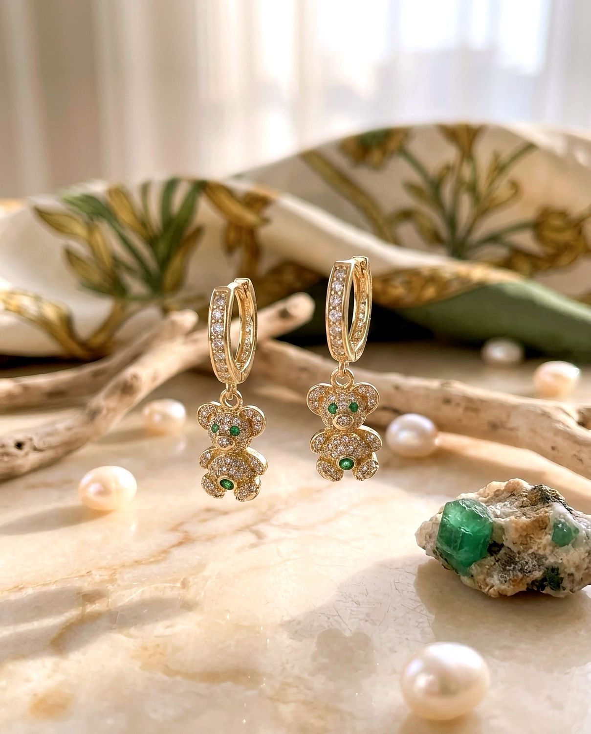 14kt Gold Teddy Bear Hoop Earrings Emerald