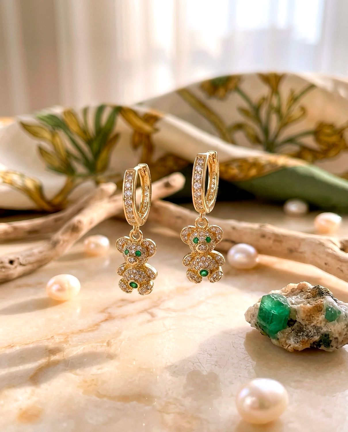 14kt Gold Teddy Bear Hoop Earrings Emerald